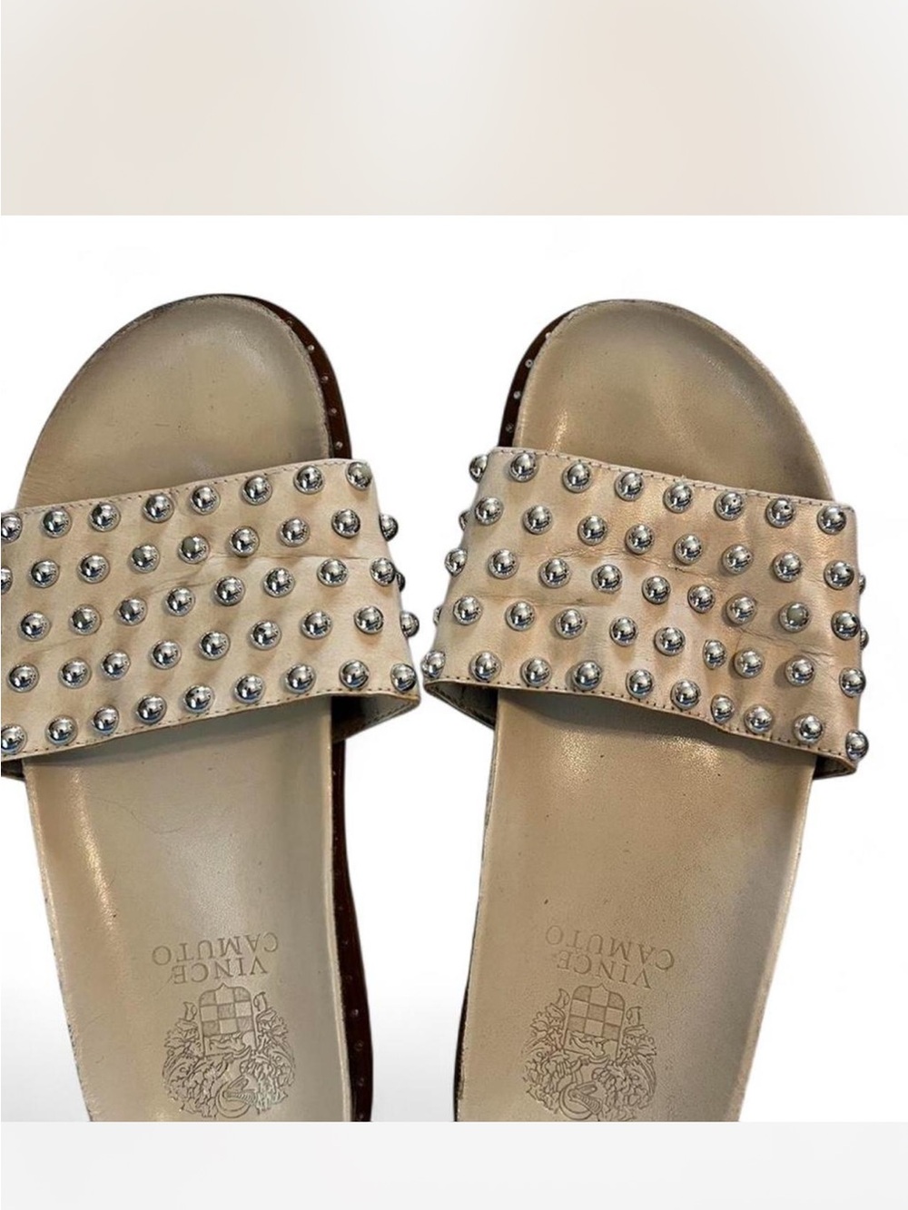 Vince Camuto Metallic Studded Slide Sandals in Taupe